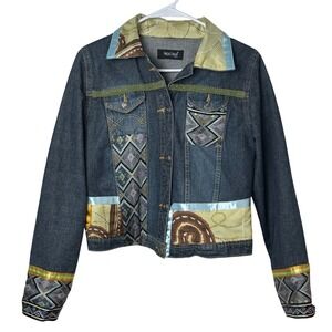 Pineda Covalin Denim Jacket Women‎ S Blue Patchwork Silk Trim Artisan Mexico